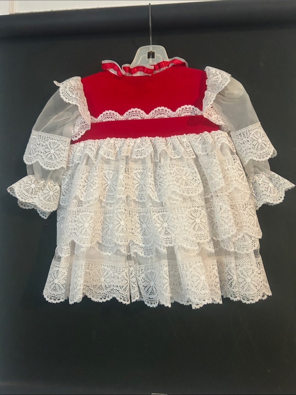 Vintage 80s Martha's Miniatures Red Velvet Lace Ruffle Holiday Dress 18M Pageant